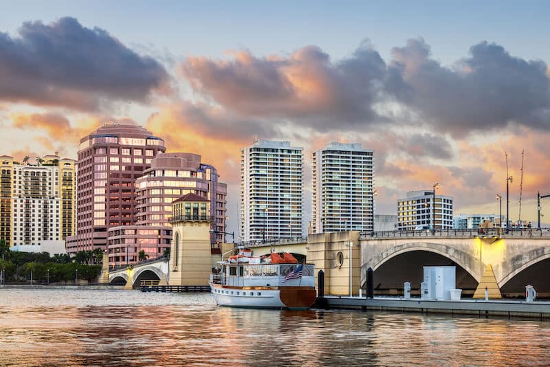 Downtown West Palm Beach skyline at sunset along the waterfront